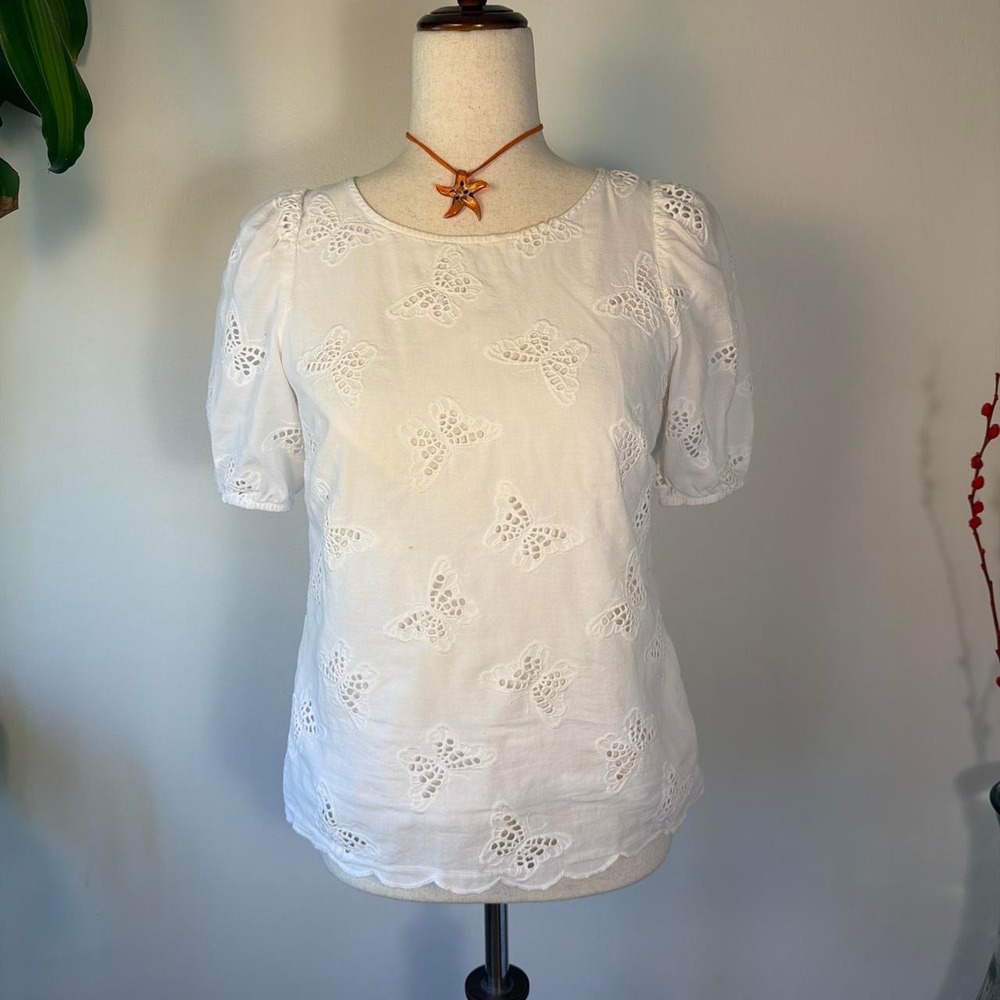 Talbots Petite Small White Butterfly Eyelet Lace Cotton Scallop Blouse Top
